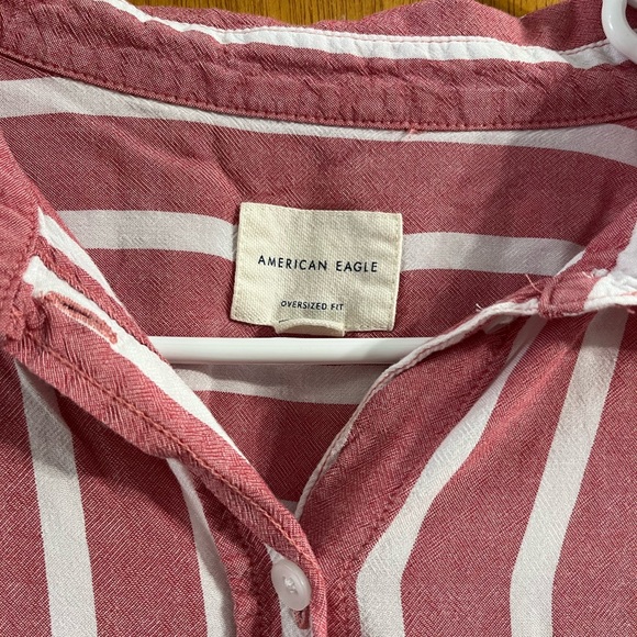 American Eagle Oversize Fit Red and White Stripe Long Sleeve Button Down Blouse - Picture 5 of 8